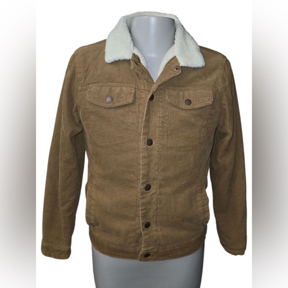 Men's Tan Corduroy Jacket with White Sherpa Lining & Collar - Picture 1 of 7
